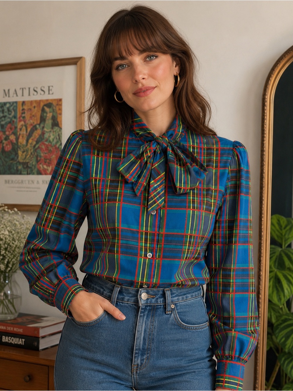 Vintage Levi's Plaid Bow Tie Blouse Women's 12 Tartan Secretary Preppy